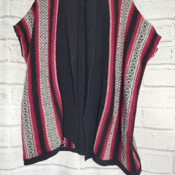 J Jill Women Fair Isle Black Red Open Front Shawl Cardigan M L Poncho Wool - Picture 3 of 13
